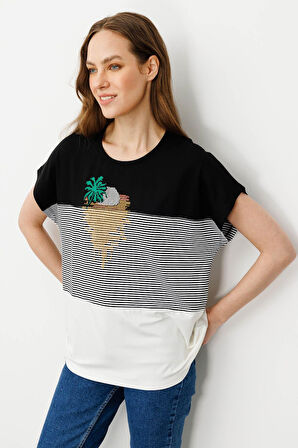 Kadın Sıfır Yaka Önü Taşlı Penye T-shirt Siyah