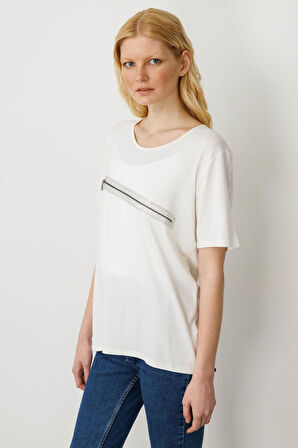 Kadın Taş Baskılı Fermuar Aksesuarlı Penye T-shirt Kemik