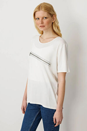 Kadın Taş Baskılı Fermuar Aksesuarlı Penye T-shirt Kemik