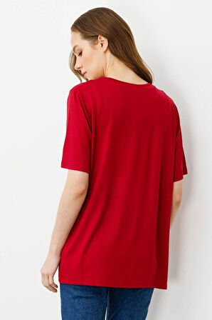 Kadın Taş Baskılı Fermuar Aksesuarlı Penye T-shirt Kırmızı