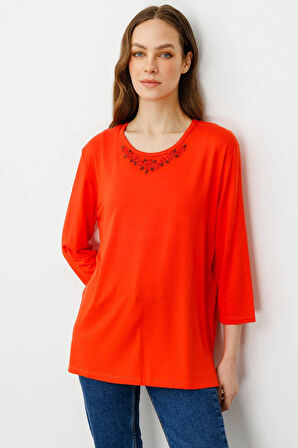 Kadın Sıfır Yaka Nakışlı Penye Bluz Mercan