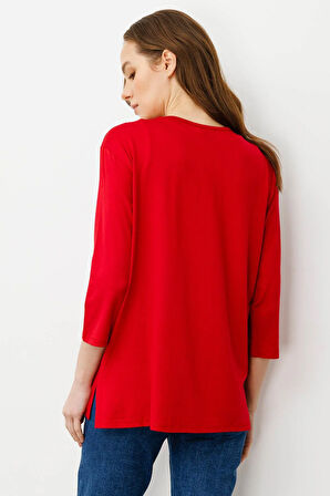 Kadın Sıfır Yaka Nakışlı Penye Bluz Kırmızı
