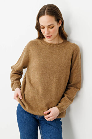 Kadın Sıfır Yaka Klasik Yün Kazak V.Camel