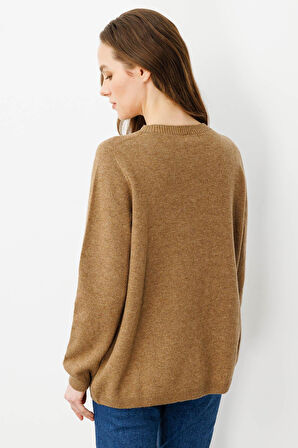 Kadın Sıfır Yaka Klasik Yün Kazak V.Camel