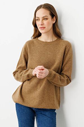 Kadın Sıfır Yaka Klasik Yün Kazak V.Camel