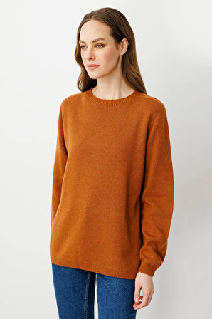 Kadın Sıfır Yaka Klasik Yün Kazak Tarçın