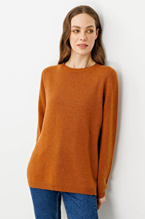 Kadın Sıfır Yaka Klasik Yün Kazak Tarçın