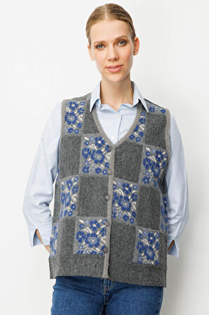 Kadın Pıtırcık Çiçekli Patchwork Keçe Yün Yelek Füme_Mavi
