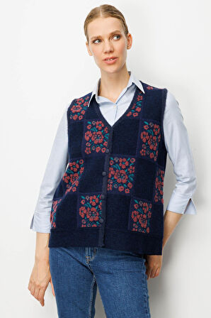 Kadın Pıtırcık Çiçekli Patchwork Keçe Yün Yelek K.G Kurusu