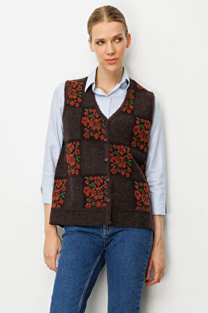 Kadın Pıtırcık Çiçekli Patchwork Keçe Yün Yelek K.Kahve_Kiremit