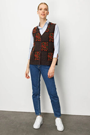 Kadın Pıtırcık Çiçekli Patchwork Keçe Yün Yelek K.Kahve_Kiremit