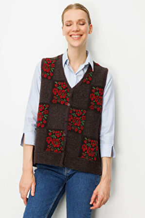 Kadın Pıtırcık Çiçekli Patchwork Keçe Yün Yelek K.Kahve_K.Kırmızı