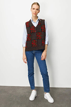 Kadın Pıtırcık Çiçekli Patchwork Keçe Yün Yelek K.Kahve_K.Kırmızı