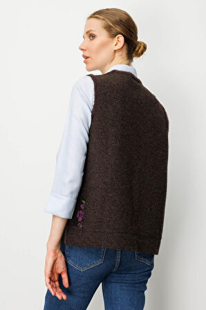 Kadın Pıtırcık Çiçekli Patchwork Keçe Yün Yelek K.Kahve_K.Kırmızı