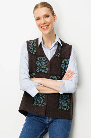 Kadın Pıtırcık Çiçekli Patchwork Keçe Yün Yelek K.Kahve_M.Yeşil