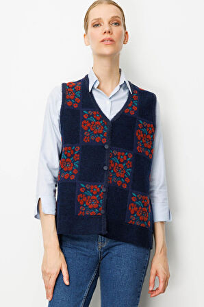 Kadın Pıtırcık Çiçekli Patchwork Keçe Yün Yelek K.Kiremit