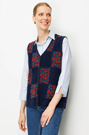 Kadın Pıtırcık Çiçekli Patchwork Keçe Yün Yelek K.Kiremit