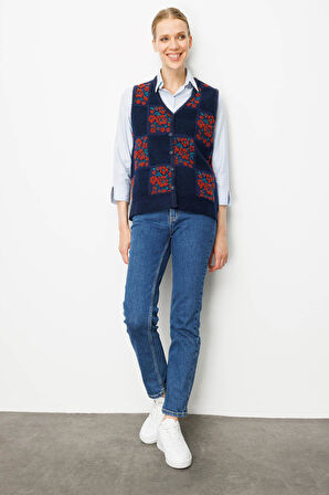 Kadın Pıtırcık Çiçekli Patchwork Keçe Yün Yelek K.Kiremit