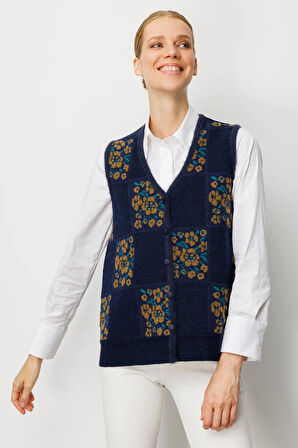 Kadın Pıtırcık Çiçekli Patchwork Keçe Yün Yelek O.Haki