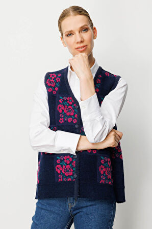 Kadın Pıtırcık Çiçekli Patchwork Keçe Yün Yelek Sıklamen