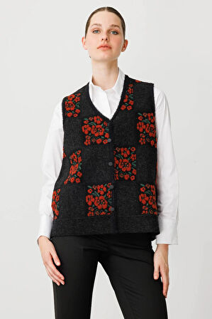 Kadın Pıtırcık Çiçekli Patchwork Keçe Yün Yelek Siyah_K.Kiremit