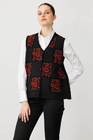 Kadın Pıtırcık Çiçekli Patchwork Keçe Yün Yelek Siyah_K.Kiremit
