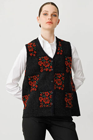Kadın Pıtırcık Çiçekli Patchwork Keçe Yün Yelek Siyah_K.Kiremit