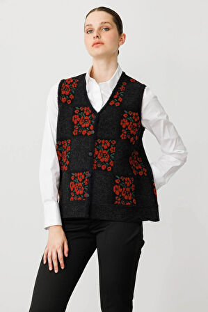 Kadın Pıtırcık Çiçekli Patchwork Keçe Yün Yelek Siyah_K.Kiremit