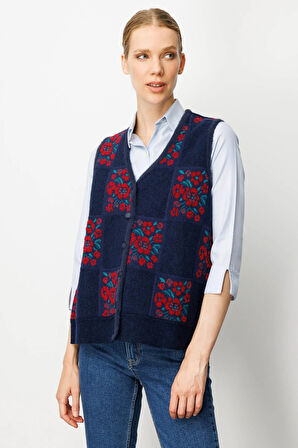 Kadın Pıtırcık Çiçekli Patchwork Keçe Yün Yelek Y.A.Lacivert_K.Kırmızı