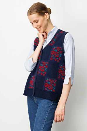 Kadın Pıtırcık Çiçekli Patchwork Keçe Yün Yelek Y.A.Lacivert_K.Kırmızı