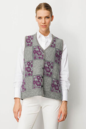 Kadın Pıtırcık Çiçekli Patchwork Keçe Yün Yelek Y.Füme_A.Mor