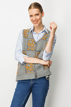 Kadın Pıtırcık Çiçekli Patchwork Keçe Yün Yelek Y.Füme_Hardal