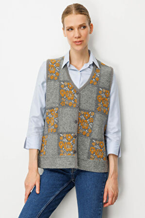 Kadın Pıtırcık Çiçekli Patchwork Keçe Yün Yelek Y.Füme_Hardal