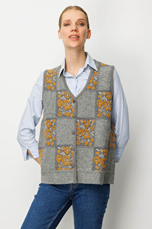 Kadın Pıtırcık Çiçekli Patchwork Keçe Yün Yelek Y.Füme_Hardal