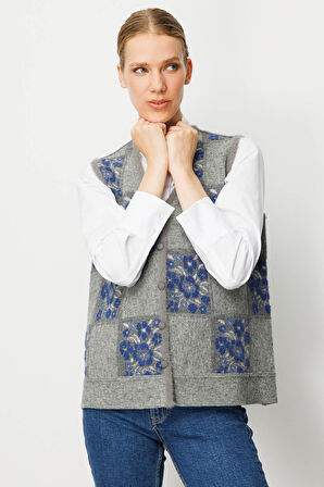 Kadın Pıtırcık Çiçekli Patchwork Keçe Yün Yelek Y.Füme_Mavi