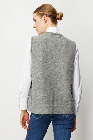 Kadın Pıtırcık Çiçekli Patchwork Keçe Yün Yelek Y.Füme_Mavi
