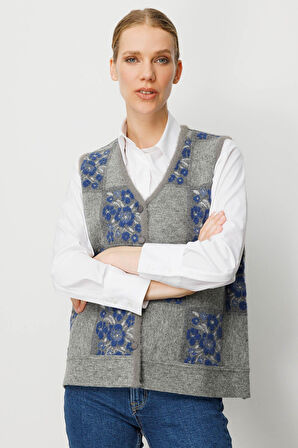 Kadın Pıtırcık Çiçekli Patchwork Keçe Yün Yelek Y.Füme_Mavi