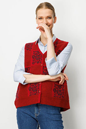 Kadın Pıtırcık Çiçekli Patchwork Keçe Yün Yelek Y.Kırmızı_K.Mürdüm