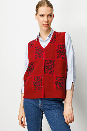 Kadın Pıtırcık Çiçekli Patchwork Keçe Yün Yelek Y.Kırmızı_K.Mürdüm
