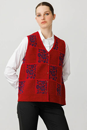 Kadın Pıtırcık Çiçekli Patchwork Keçe Yün Yelek Y.Kırmızı_K.mor