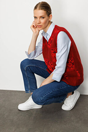 Kadın Pıtırcık Çiçekli Patchwork Keçe Yün Yelek Y.Kırmızı_Mercan