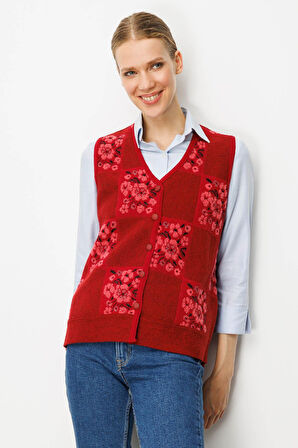 Kadın Pıtırcık Çiçekli Patchwork Keçe Yün Yelek Y.Kırmızı_Y.Ş.Pembe