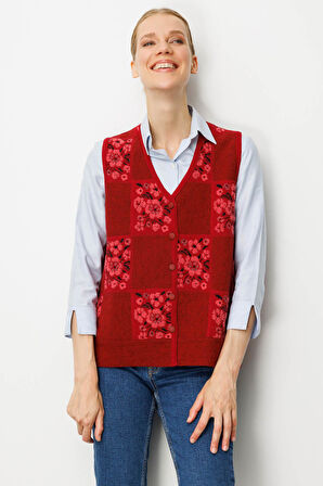 Kadın Pıtırcık Çiçekli Patchwork Keçe Yün Yelek Y.Kırmızı_Y.Ş.Pembe
