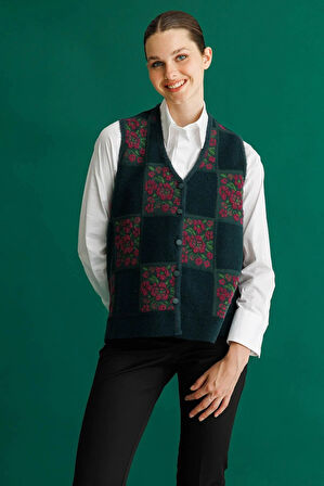 Kadın Pıtırcık Çiçekli Patchwork Keçe Yün Yelek Yeşil_Mürdüm