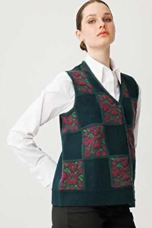 Kadın Pıtırcık Çiçekli Patchwork Keçe Yün Yelek Yeşil_Mürdüm