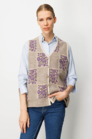 Kadın Pıtırcık Çiçekli Patchwork Keçe Yün Yelek Bej_Mor