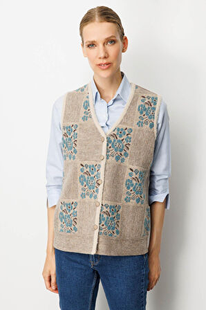 Kadın Pıtırcık Çiçekli Patchwork Keçe Yün Yelek Bej_M.Yeşili