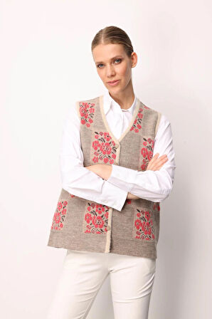 Kadın Pıtırcık Çiçekli Patchwork Keçe Yün Yelek Bej_Y.Ş.Pembe