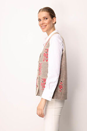 Kadın Pıtırcık Çiçekli Patchwork Keçe Yün Yelek Bej_Y.Ş.Pembe