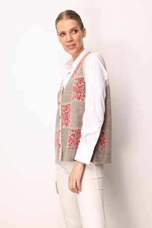 Kadın Pıtırcık Çiçekli Patchwork Keçe Yün Yelek Bej_Y.Ş.Pembe